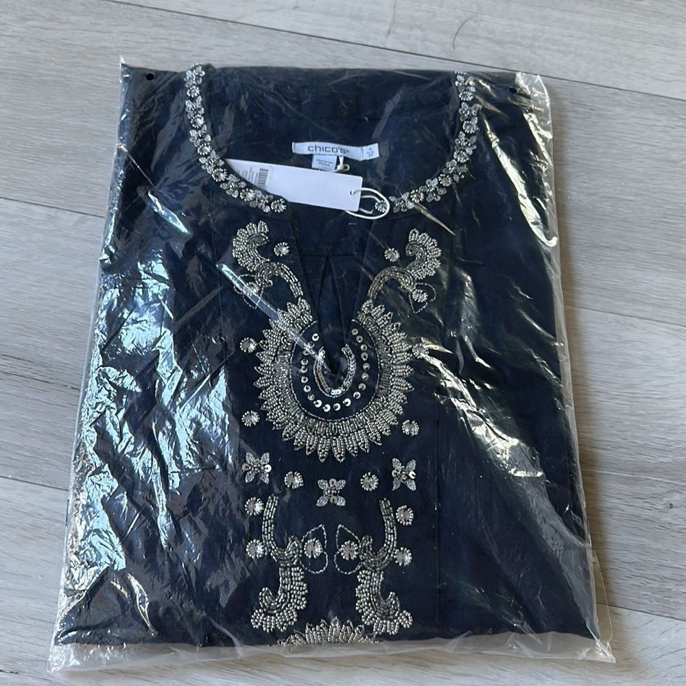 Chico’s Linen Embellished Navy Tunic Dress Classic Navy 4‎ NWT in packaging - Picture 6 of 8